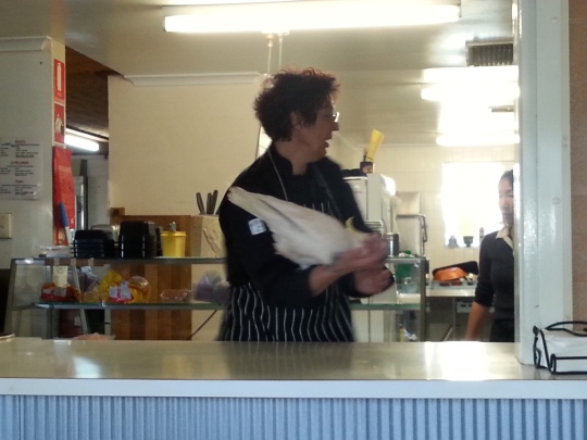 Here is the chef who was making camel pie ... but she has a sulpher-crested cockatoo as a pet. Hope cockatoo pie is not on the menu next!